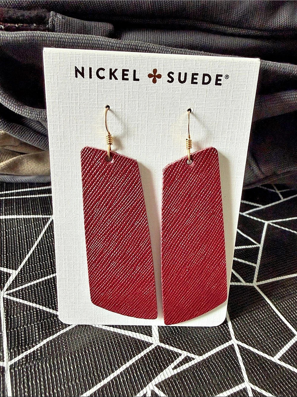 Nickel & Suede Merlot Gem Leather Earrings Dangle Earrings in Red